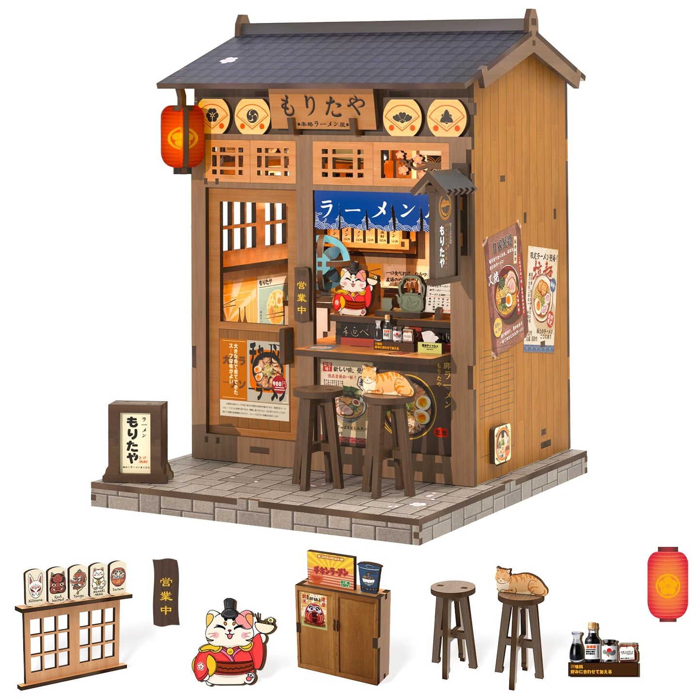Fsolis Japanese Book Nook Kit - DIY Miniature Scene House Kit, 3D Puzzles for Adults, 220 Wooden Pieces, Tiny House Mini Booknook Craft Shelf Decor, Gifts for Women Model Lovers (Morita-Ya Ramen)