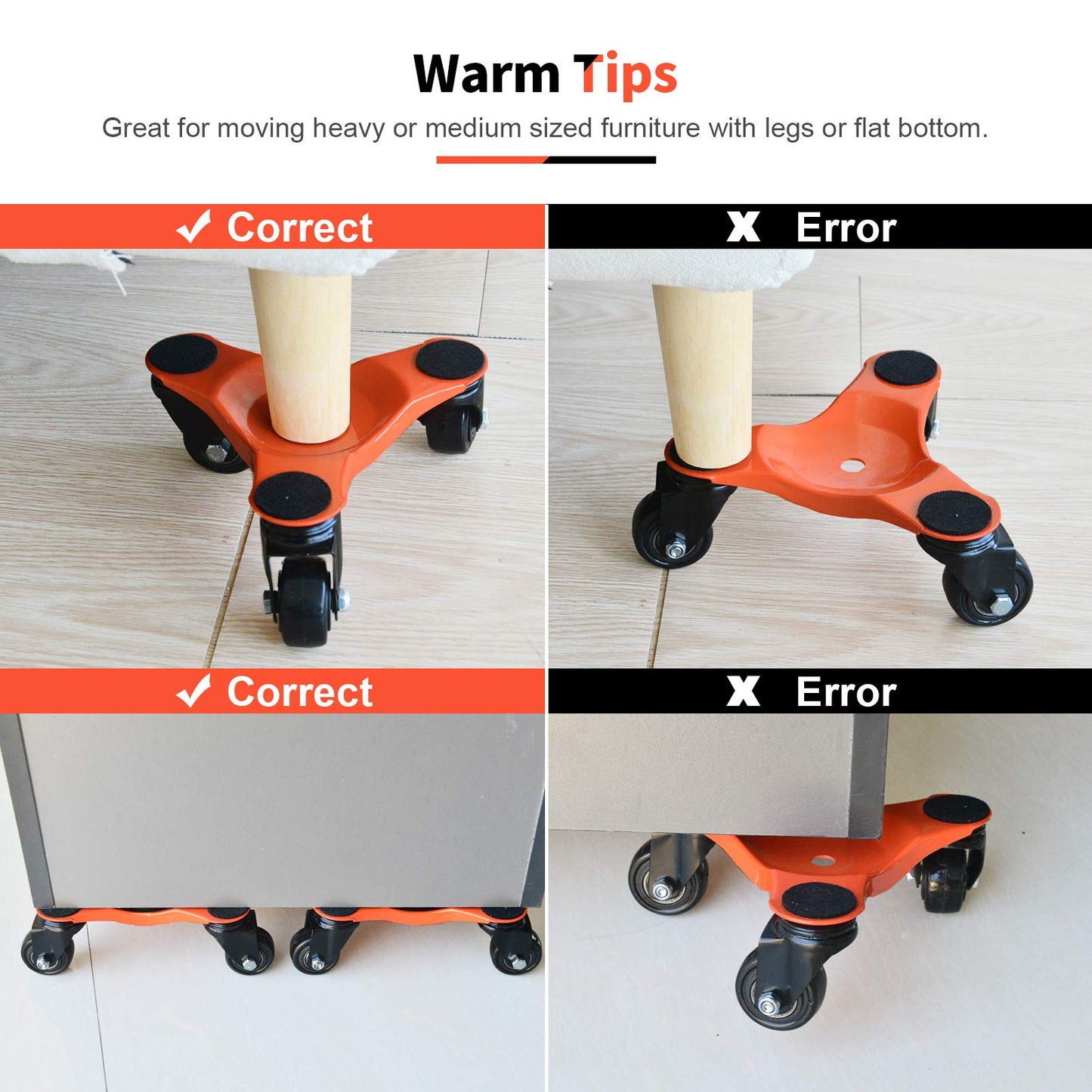 Ronlap 6-Inch Steel Tri-Dolly, 3-Wheel Furniture Mover's Dolly with Lifer, Heavy Furniture Moving Rollers, 200 KG Capacity 4 Pack (Orange)