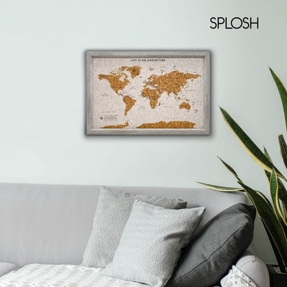 Splosh Framed Travel Map - Grey Small Wooden Pin Board with 100 Pins. Travel Map Cork Board. Wooden World Map, Corkboard Map Travel Gift. Mark your fast & future adventures!