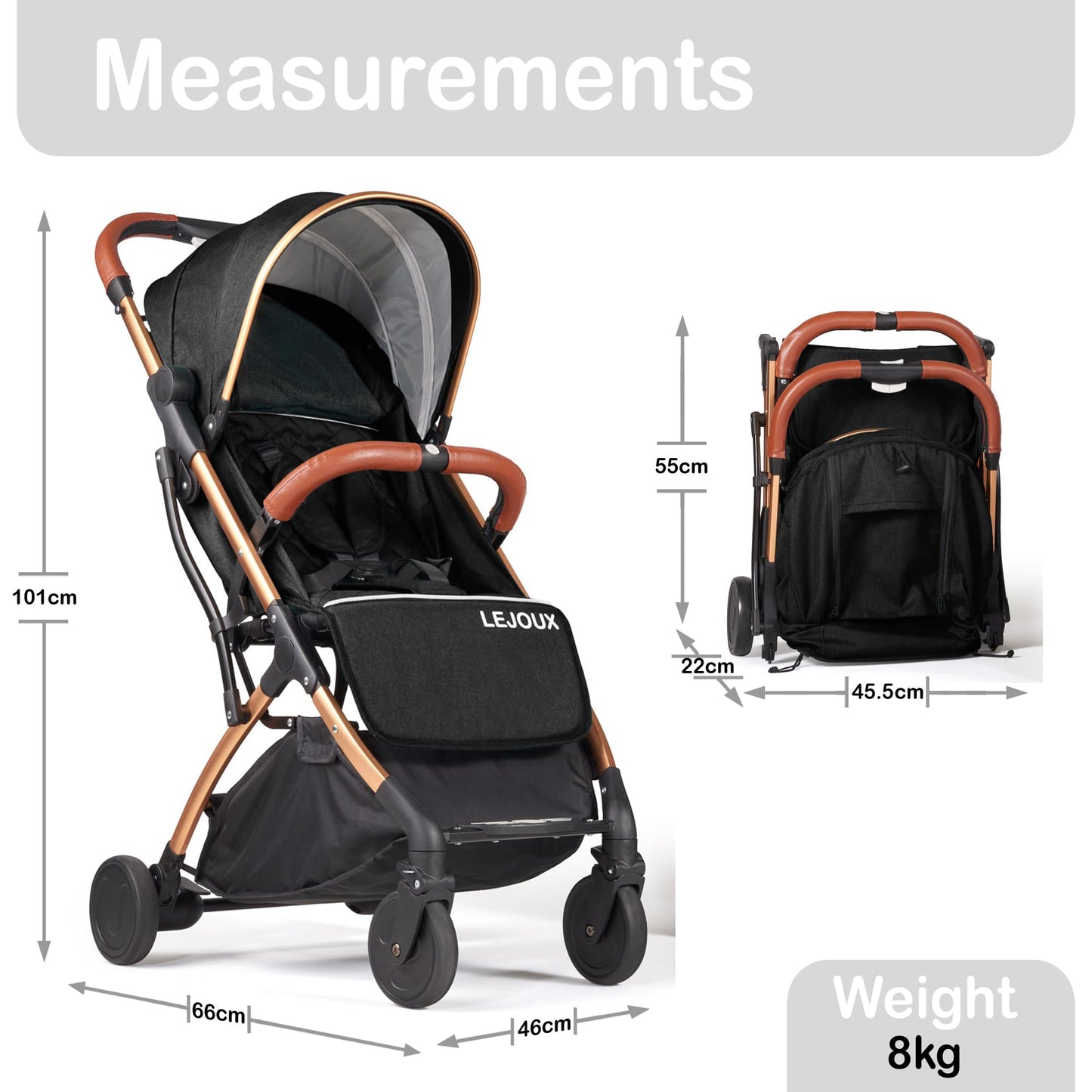 Lejoux™ Baby Pushchair Stroller– Lightweight Foldable Travel Buggy with 5-Point Harness, Adjustable Seat Back and Oversize Basket Folds with 1 Hand – Smooth Swivel Wheels Rain Cover (Black)