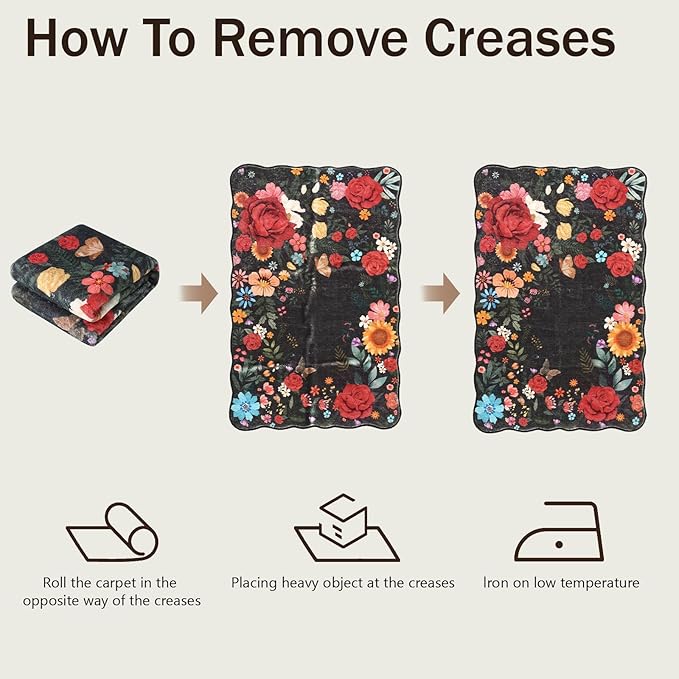 Washable Rugs for Living Room: 5x7 Area Rugs for Bedroom Soft Ultra Thin Stain Resistant Non Slip Low Pile Lightweight Vintage Floral Carpet for Dining Room Decor (Black)
