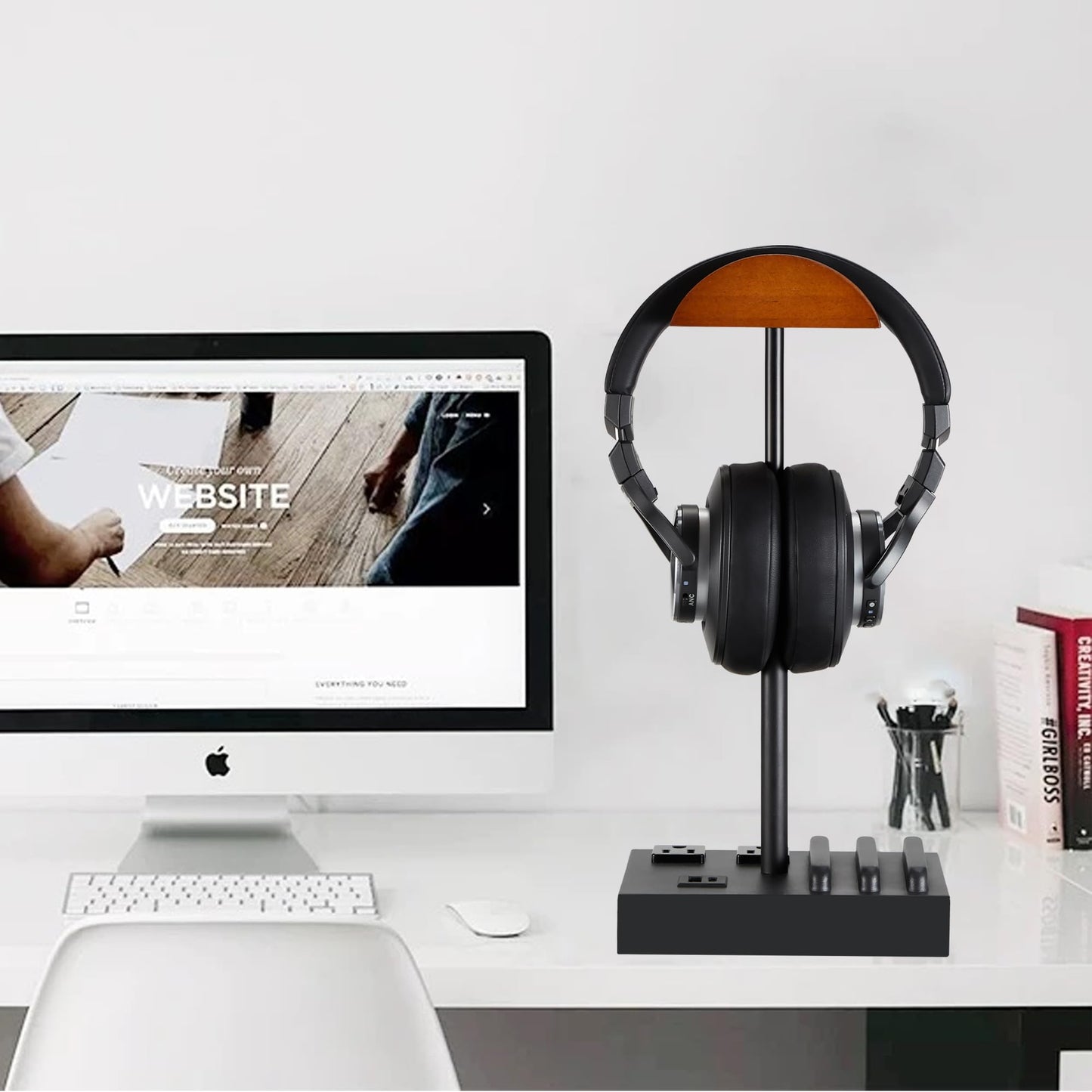 CASTLELIFE Headphone Stand Desktop Gaming Headset Holder with 2 AC Outlets and USB C&A Ports, Charging Station&Phone Stands, Wood Earphone Table Game Accessories for Desktop Gamer, Black