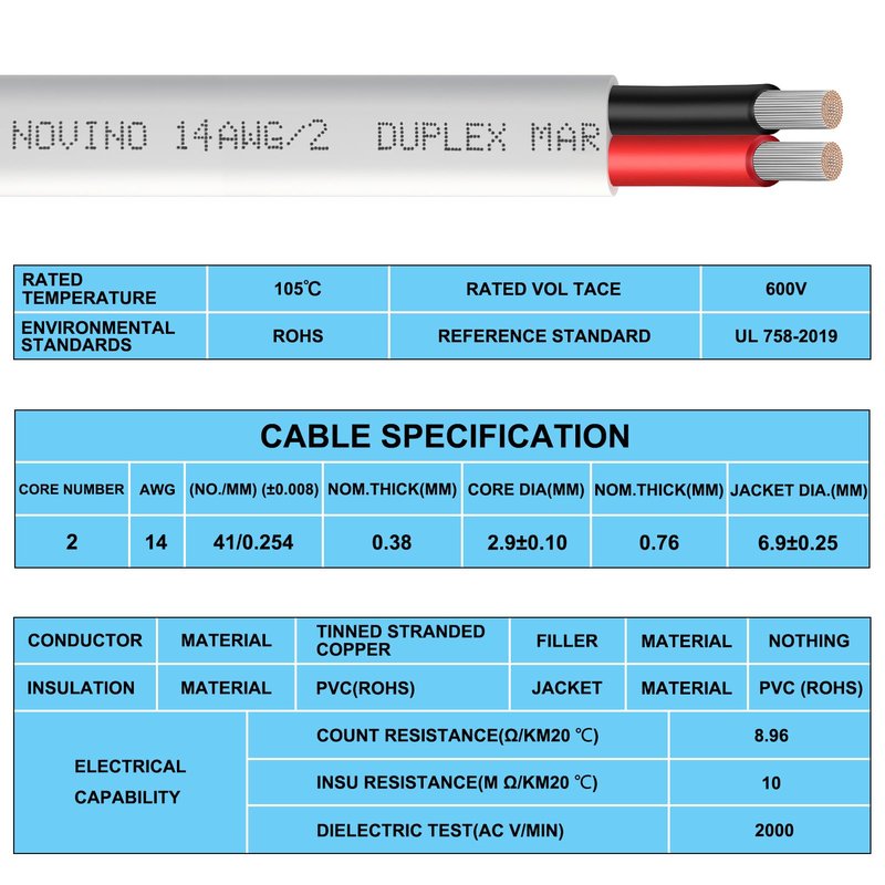 14 Gauge Marine Wire,14 AWG 30ft 14/2 Duplex Marine Grade Wire,Tinned Copper Oxygen-Free Boat Electrical Cable for Boat/Automotive/RV/Solar/LED Strips