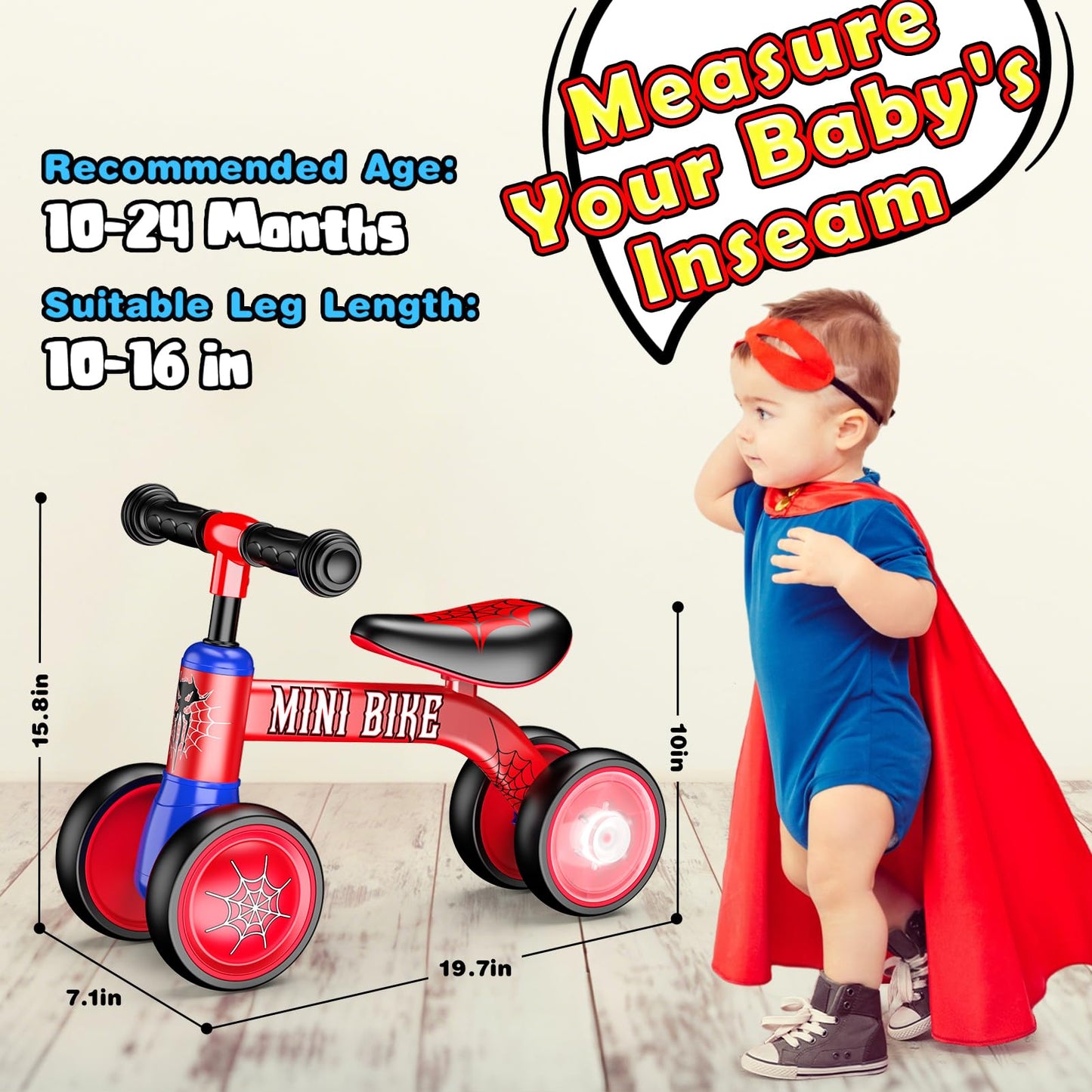 Aetyni Baby Balance Bike 1-2 Year Old: Spider Toddler Bike Baby Bike for 10-24 Month with Colorful Lighting & 4 Wheels First Riding on Toys Spider Easter Birthday Gifts for One Year Old Boy Girl Gifts