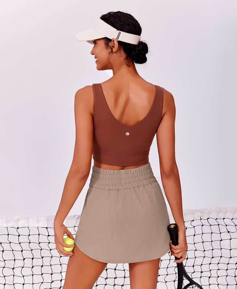 PINSPARK Tennis Skorts for Woman Lightweight Golf Skort Breathable Athletic Skirt Quick Dry Running Skirt 16" Pleated Pickleball Skirts, Khaki Small