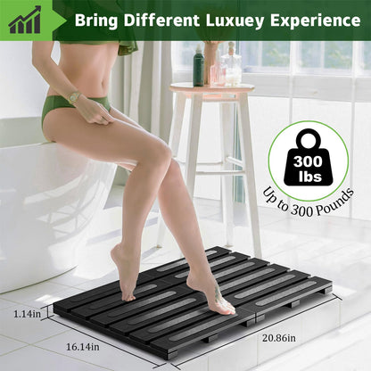 Bamboo Bath Mat for Shower, Dual Anti-Slip for Surface & Bottom, Waterproof Foldable Shower Mat, Easy to Carry and Storage, Perfect for Indoor Outdoor （Black, 26.77×16.14×1.14 Inches）