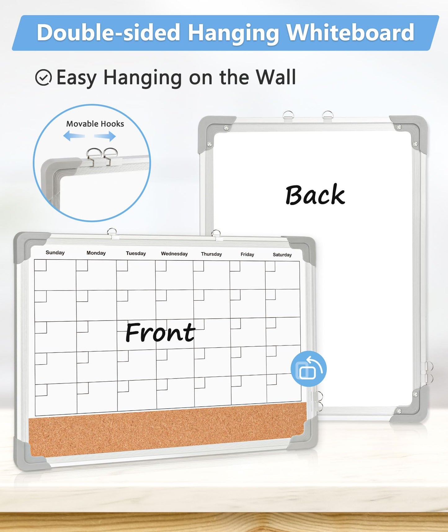 Dry Erase Calendar & Cork Board, 16" x 12" Double-Sided Whiteboard Calendar Cork Board Combo for Wall, Hanging Monthly Calendar Board with Markers, Magnets Pins, Eraser