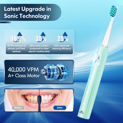 Sonic Toothbrush, Electric Toothbrush Adults Kids Electric Toothbrush Rechargeable Toothbrush with 9 Reminder Brush Heads 5 Cleaning Modes 2-Minute Timer (Green)