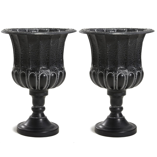 Worth Garden 25" H. Metal Urn Planters 2-Pack - Black Traditional Classic Iron Plant Pots - Large Decorative Rustic Flower Container for Patio, Front Porch, Outdoor Use