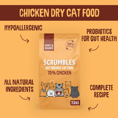 Scrumbles All Natural Dry Cat Food with 75% Chicken, High Protein Food For Adults And Seniors, 2.5Kg,package may vary