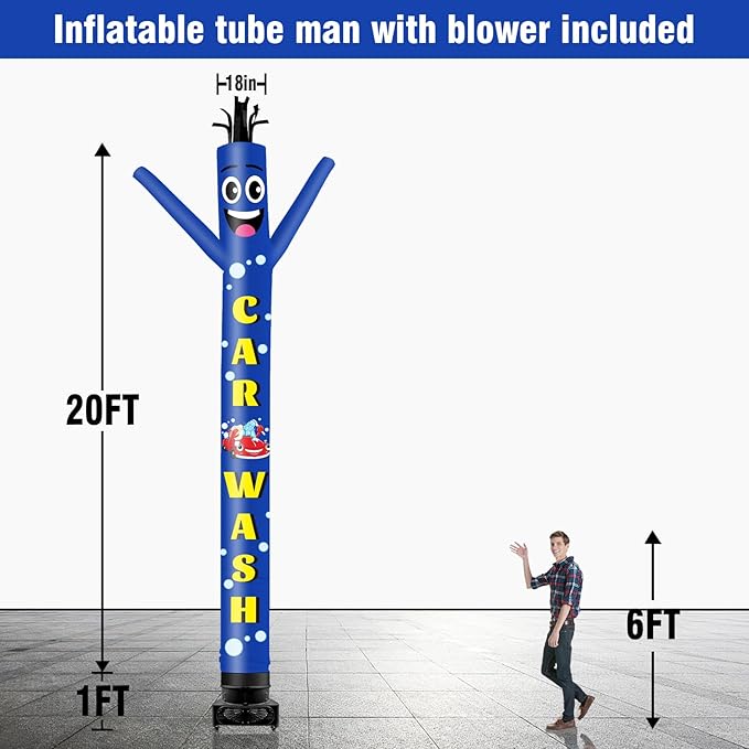 20FT Tall Inflatable Tube Man Car Wash Wacky Wavy Dancing Guy with 1.5 HP Weather-Resistant Blower (18''Diameter) for Outdoor Decoration Advertising Business Promotion