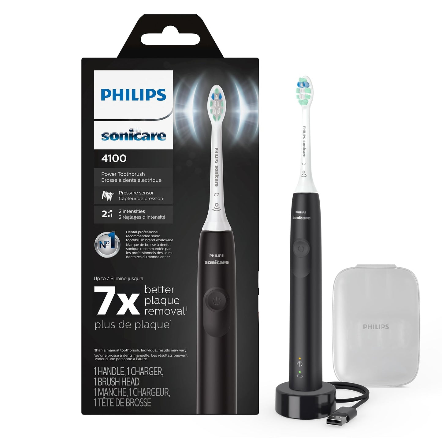 Philips Sonicare 4100 Rechargeable Electric Toothbrush, with Pressure Sensor, 2 Intensity Settings, SmarTimer and QuadPacer, 14-Day Battery Life, Deep Pink, Model HX3681/26