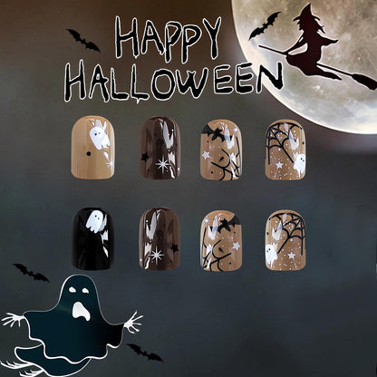 24Pcs Black Halloween Nails - Short Press On, Ghost Spider Web Bat Designs, Full Cover Square False Nails, Glue On For Women