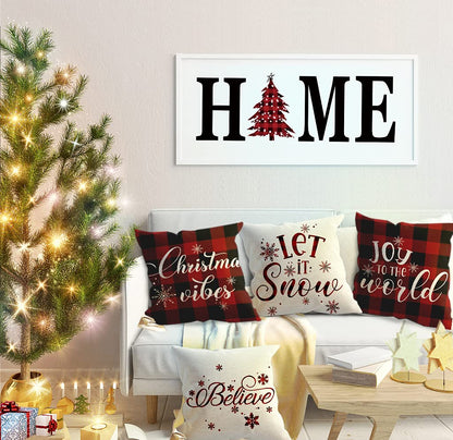 Artmag 16x16 Christmas Pillow Covers, Decorative Farmhouse Christmas Vibes Believe Buffalo Plaid Let it Snow Outdoor Pillow Shams Cases Slipcovers Set of 4 for Couch Sofa