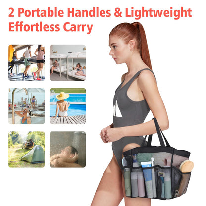F-color Mesh Shower Caddy Portable, Upgrade Deeper 7 Pockets Shower Bag Basket Tote for College Dorm Room Toiletry Bathroom Essentials Gym Camp Quick Dry 2 handles with S Hook, Black