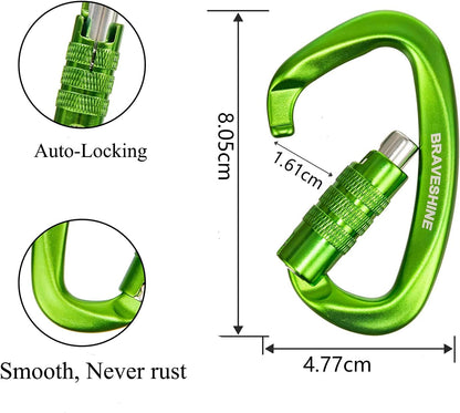Heavy-Weight Carabiner Clips 12KN Aluminum D Ring Double Locking Caribeaner Hooks - Green