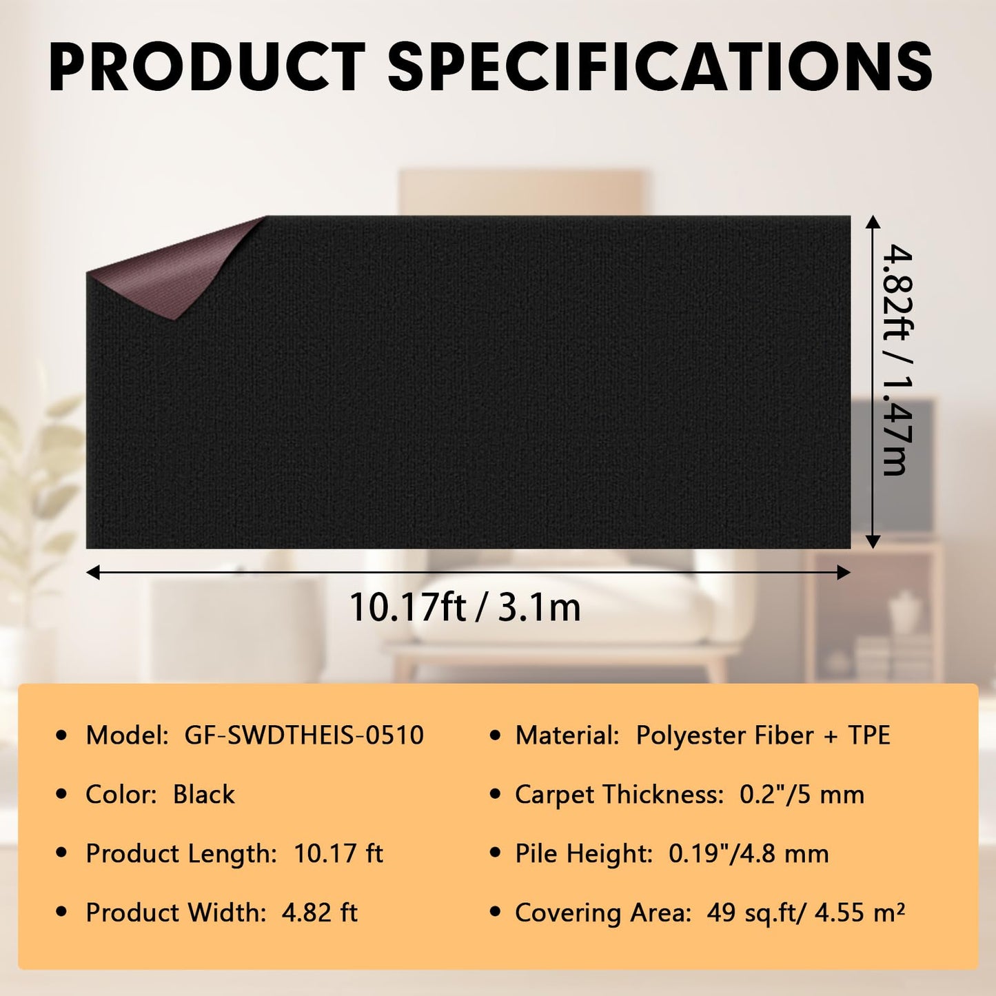 Grefinity Marine Carpet,5 FT x 10 FT Black Indoor Outdoor Carpet 0.2" Thick Boat Rug with Water-Proof TPE Backing for Home, Patio, Porch, Deck