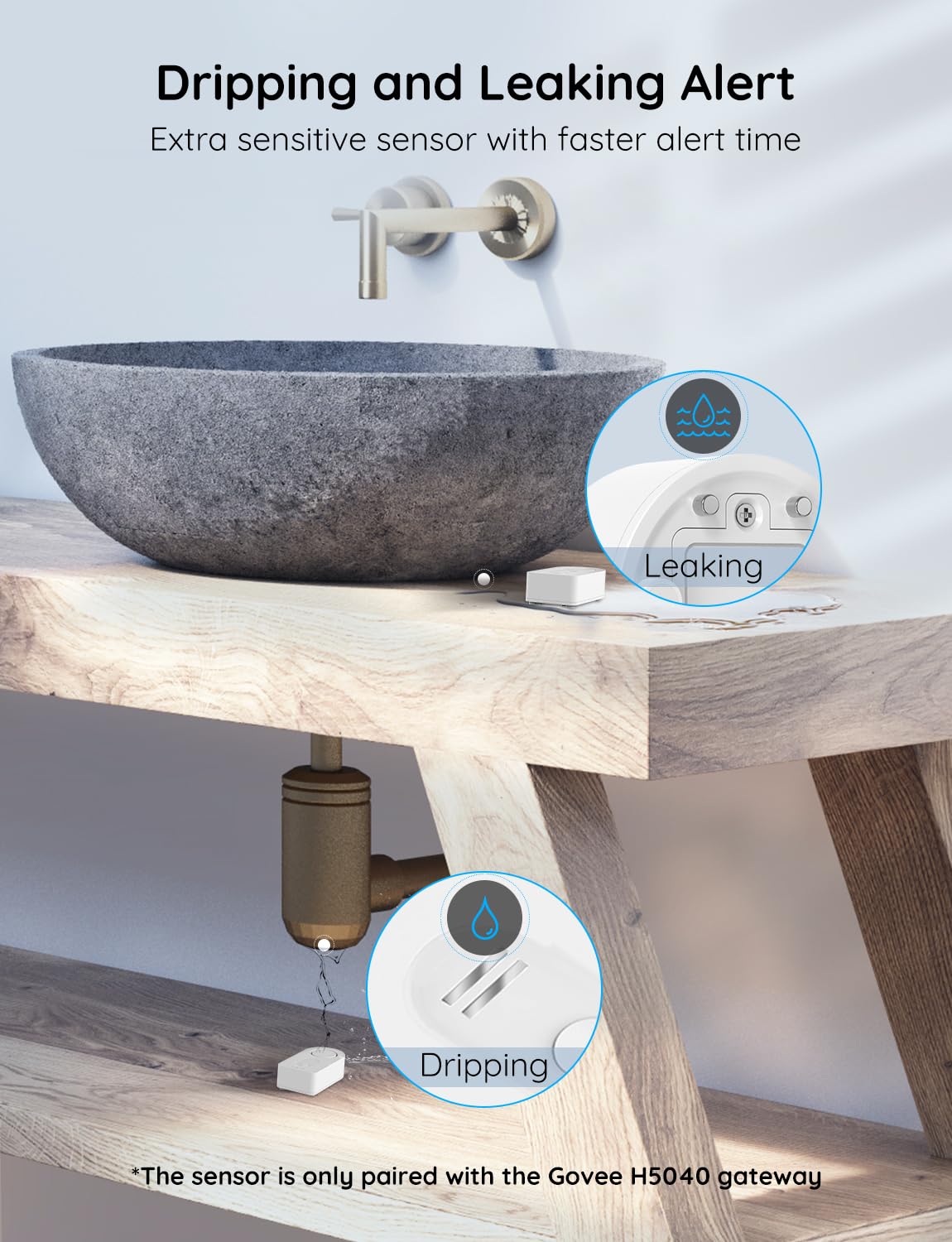 Govee Water Leak Detectors 1 Pack, 100dB Adjustable Audio Alarm Sensor, Sensitive Leak and Drip Alert, for Kitchen Bathroom Basement (Cannot Connect to Wi-Fi Directly)