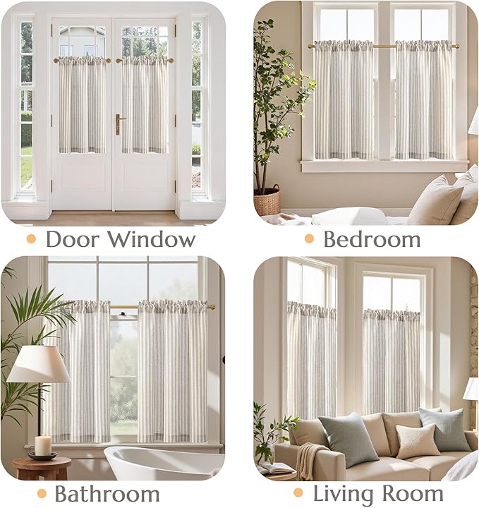 jinchan Striped Linen Kitchen Curtains 36 Inches Tier Curtains Farmhouse Modern Cafe Style Small Window Treatments Airy Light Filtering Rod Pocket for Living Room Bathroom 2 Panels Taupe Grey