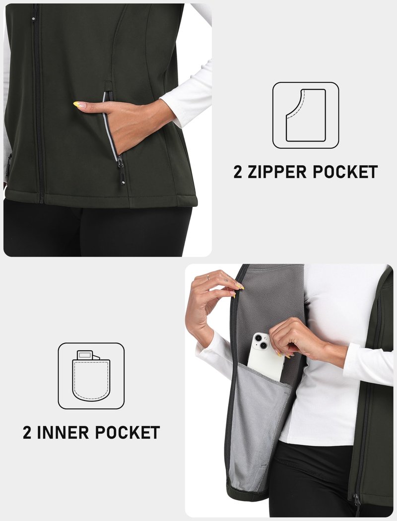 MoFiz Women's Lightweight Softshell Vest Windproof Fleece Lined Zip Up Sleeveless Insulated Jacket for Fall Winter Army Green M
