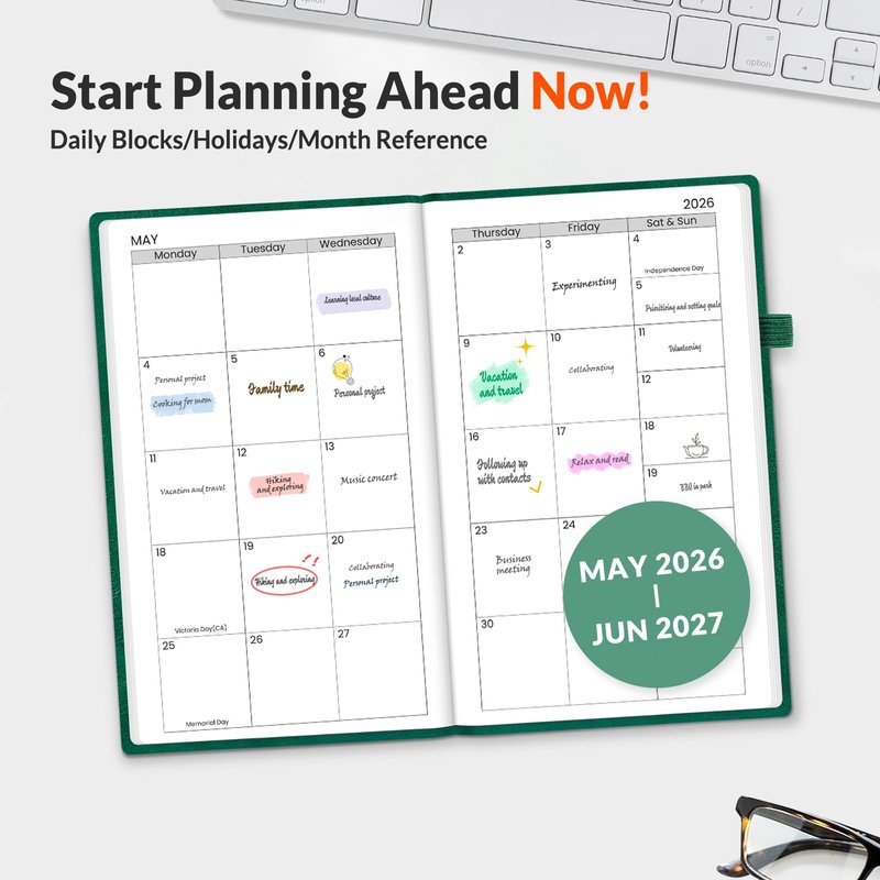 SUNEE 2026 Weekly & Monthly Hardcover Planner 5.5" x 8.3" - 12 Month (January 2026 - December 2026), Small Hardcover Planner, Pocket, Notes, 100 GSM Paper, Deep Green