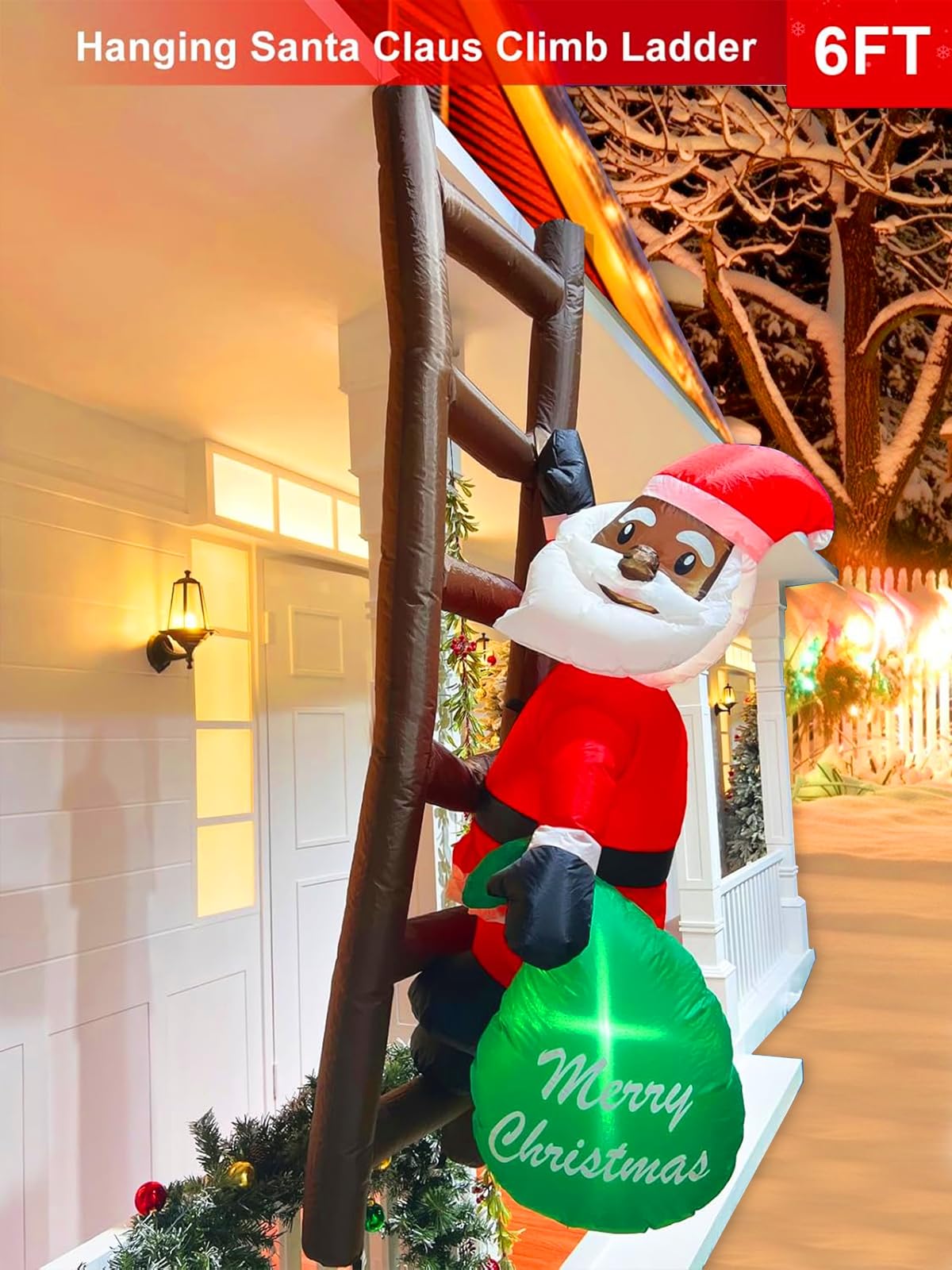 6 FT Hanging Christmas Inflatables Black Santa Claus with Gift Bag Climbing on Ladder, Blow Up African American Christmas Decorations Outdoor Build-in LED Lights for Garden Decor Xmas Holiday Party