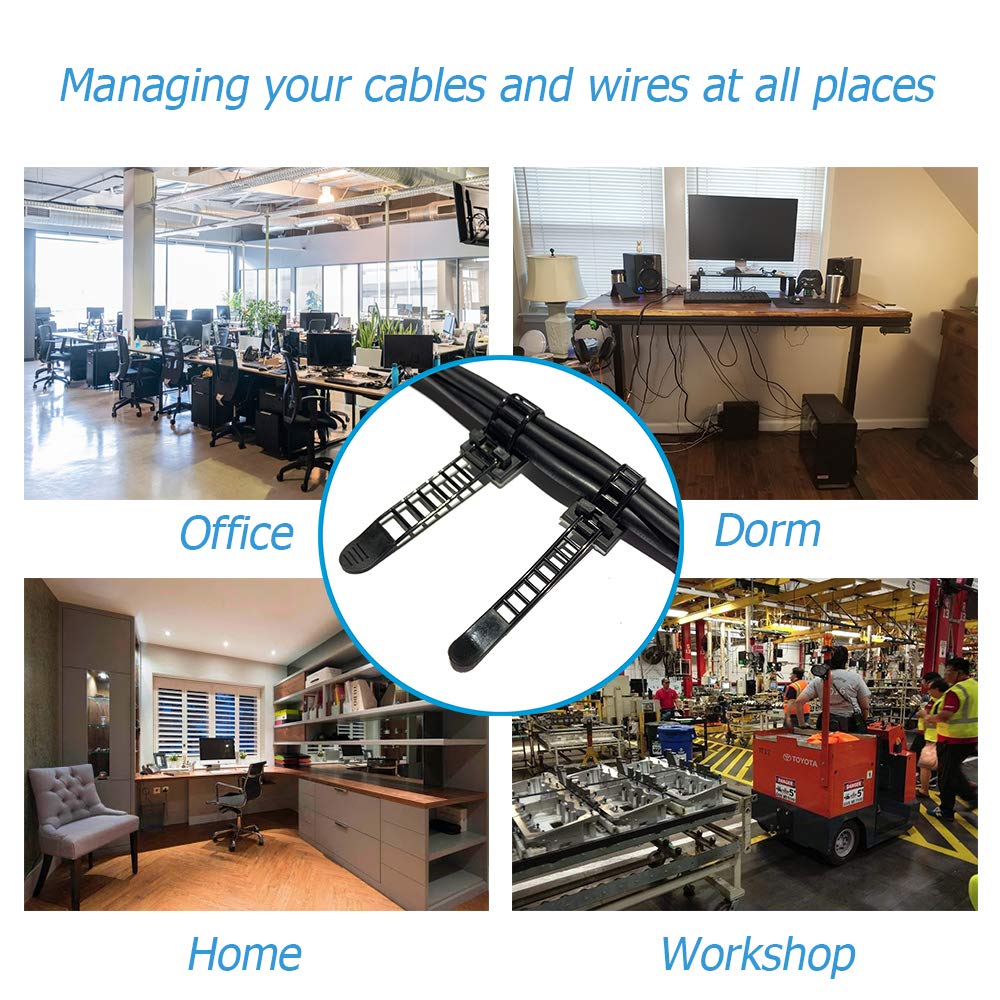 50pcs 2 Sizes Adjustable Adhesive Cable Ties Cable Clips Wire Strap Cord Clamp for Cable Management at Home and Office + 100pcs Nylon Zip Ties