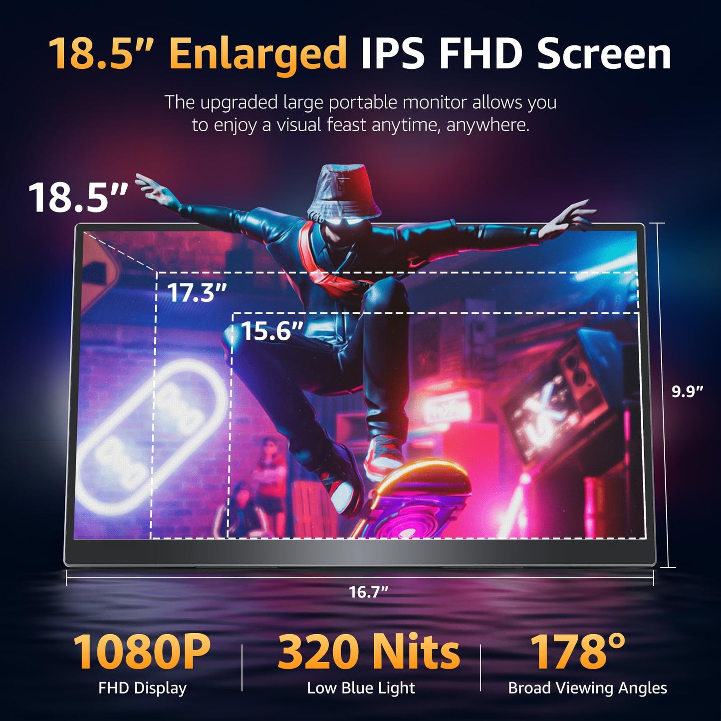 Portable Monitor 15.6" FHD 87% sRGB 60Hz IPS HDR HDMI USB-C Travel Monitor for Laptop MacBook PC Surface PS5 Xbox, External Display with Kickstand & Speakers, VESA Compatible