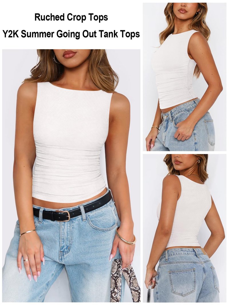MIYIEONZ Womens Boat Neck Tops for Women Mesh Ruched Double Lined Tank Top Y2k Cute Going Out Summer Clothes Medium White