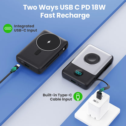 Magnetic Portable Charger 10800mAh for iPhone with Built-in Cables, 6-in-1 Wireless Power Bank with iWatch Charger, LCD Display 25W PD Fast Charging Battery Pack for iPhone 16/15/14/13/12, Apple Watch