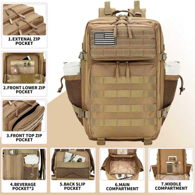 Tactical Assault Backpack - 45L Waterproof Rucksack with Molle | Khaki