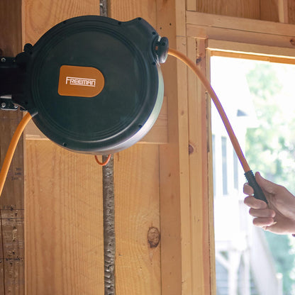 Freeman P1465CHR 1/4" x 65' Compact Retractable Air Hose Reel with Brass Fittings, Mounting Bracket, and Lead Hose