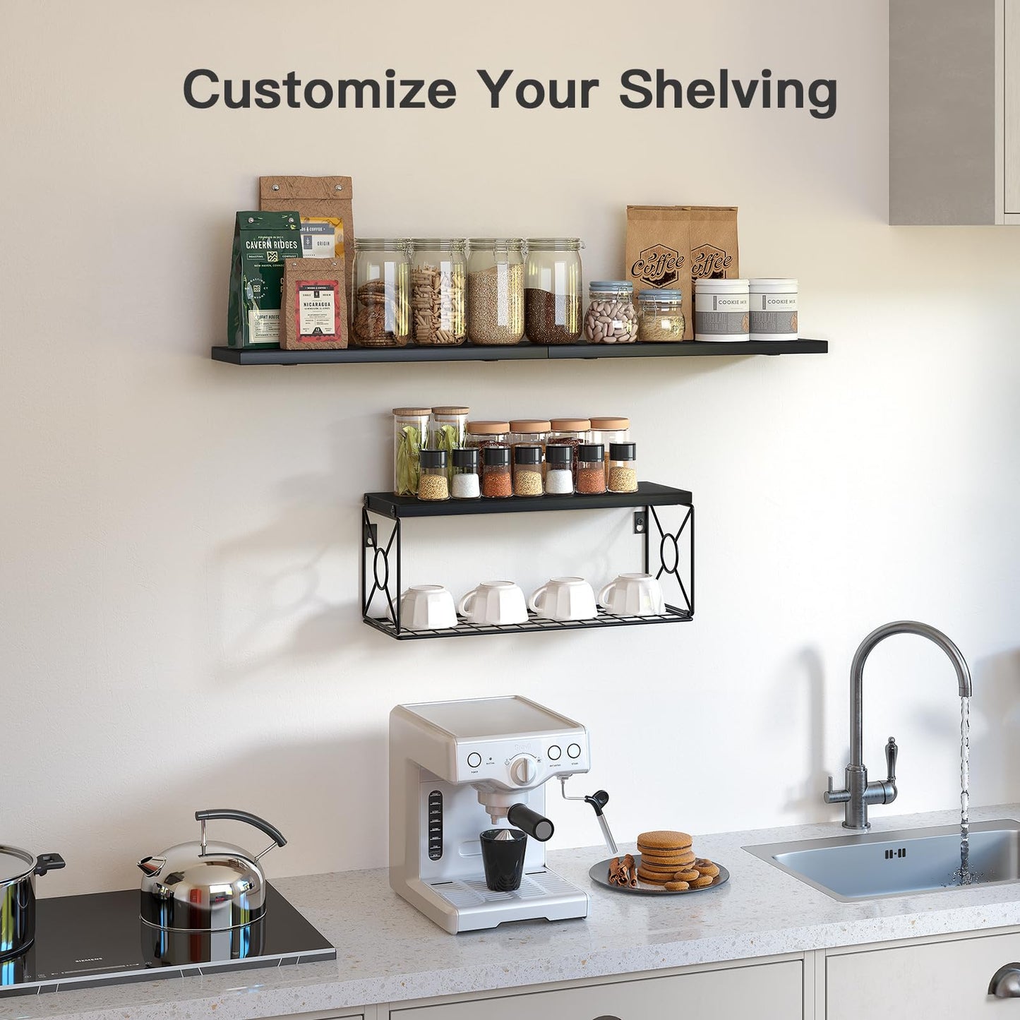 Amada Bathroom Shelves Over Toilet with Storage Basket, Floating Wall Shelves for Home Organization & Wall Decor, Bathroom/Kitchen/Living Room ShelvesBlack