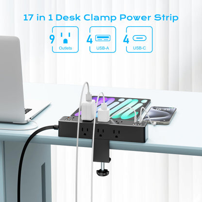 Flat Plug Desk Clamp Power Strip 10FT, 40W Total Fast Charging Station, Dual PD 20W USB C Ports, Desk Edge Mount Power Strip 9 AC Outlets 8 USB Ports(4 USB C) Surge Protector, Fit 1.7" Tabletop Edge