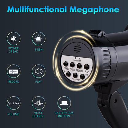 MyMealivos 20w Megaphone Speaker Portable Voice Changer Bullhorn with 6 Different Sound Effects & Built-in Siren and Record & Adjustable Volume Loud Speaker for Outdoor Sports, Party-Black