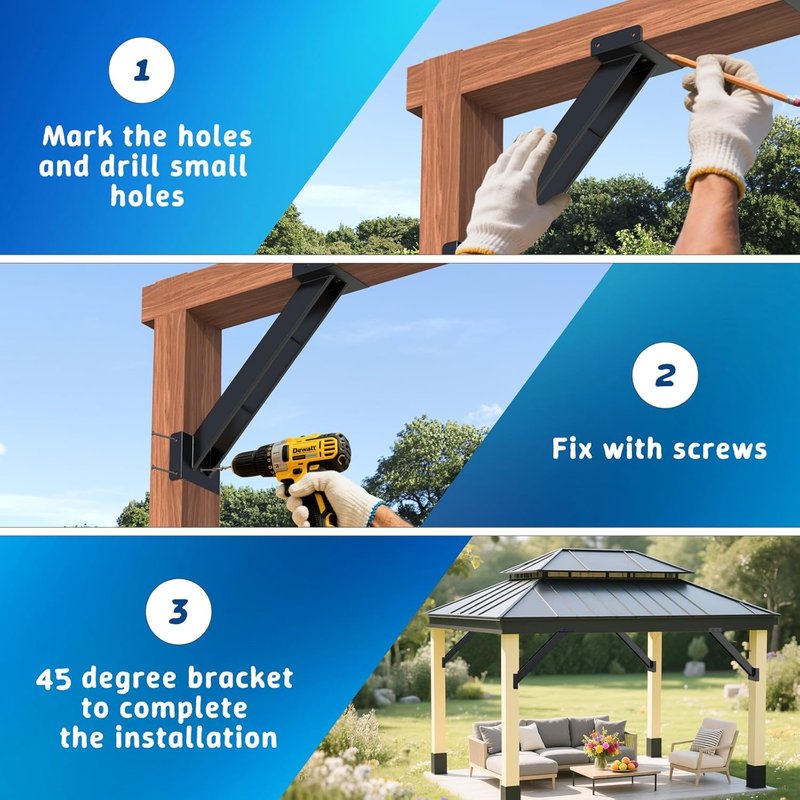 45 Degree Angle Brackets Kit - 4 Pcs for 6''x6'' Lumber | Ideal for Pergolas & Gazebos
