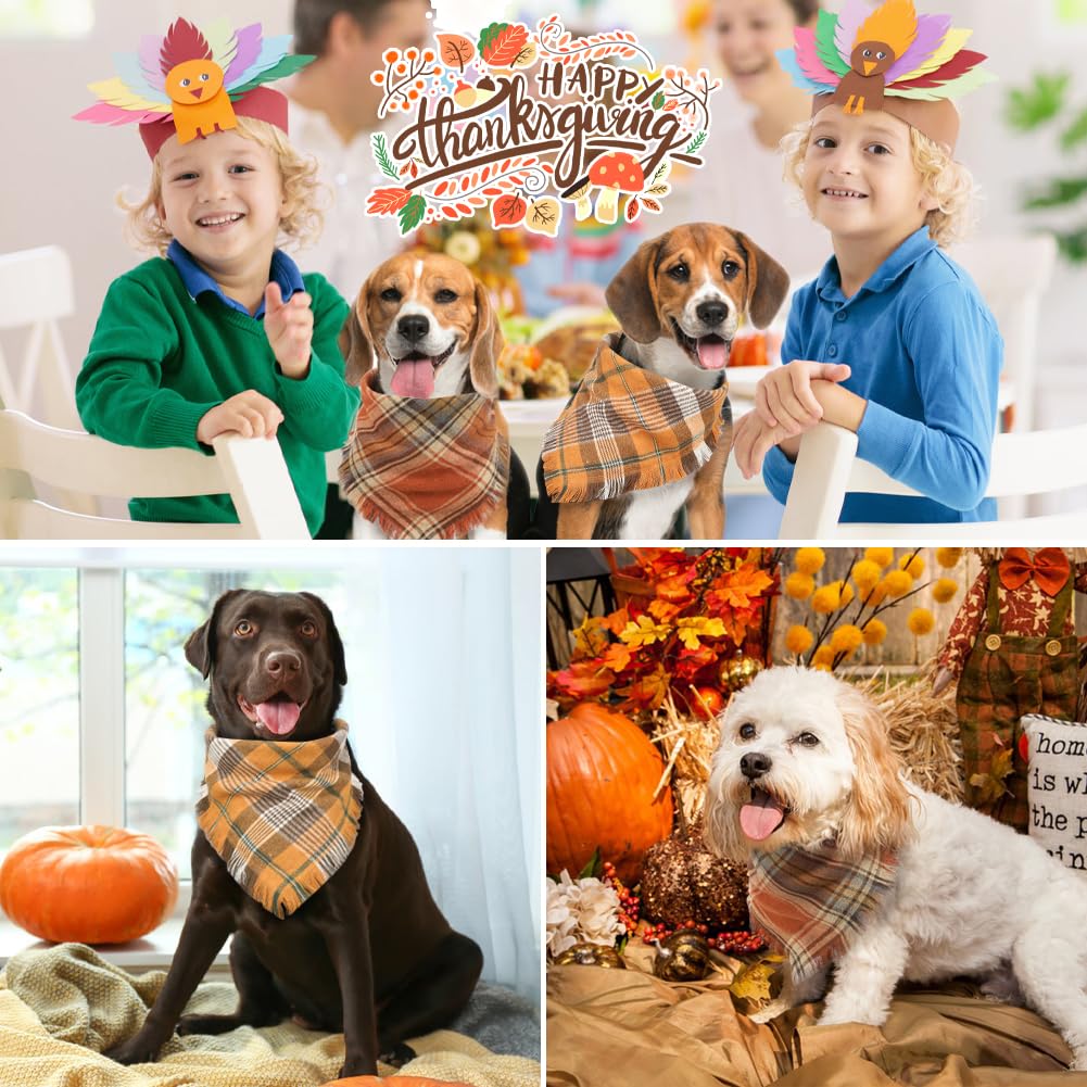 Vivifying Fall Dog Bandana, 2 Pack Halloween Thanksgiving Classic Plaid Dog Scarf with Tassels Edges, Funny Pet Apparel & Accessories Costume for Photo Prop, and Party Decor (Large, Yellow&Orange)