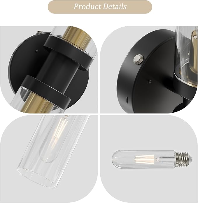 Rechargeable Battery Wall Sconce Set of Two, 8000mAh Cordless, Dimmable, Timer, Remote, Touch Control, 3000K, USB-C Charging for Living Room, Bedroom Black Gold (Include 4 Special Bulbs)