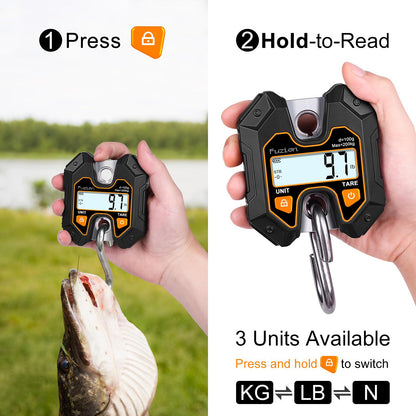 Fuzion Mini Crane Scale - Hanging Scale 440lb/200kg/1960N, Deer Scale with Large LCD Display, Hold & Tare Functions for Hunting, Farms, Fishing, No Setup Required