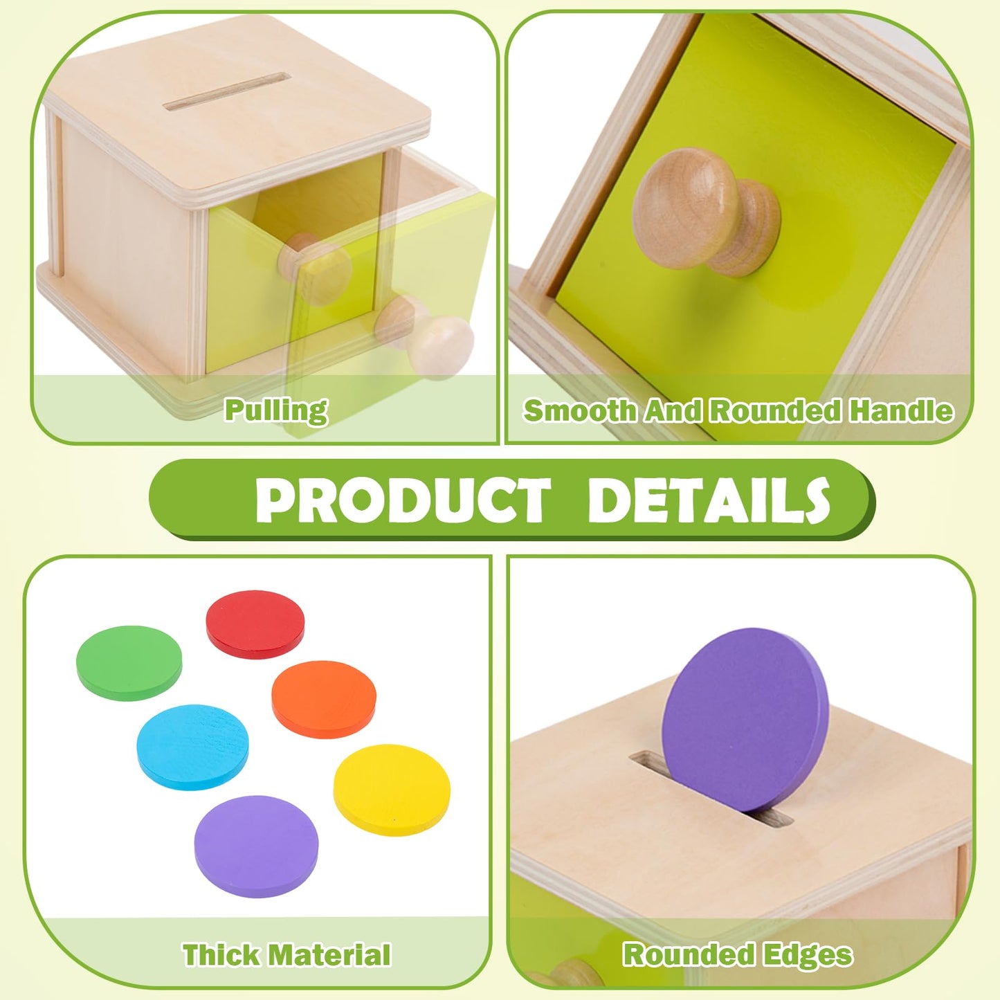 Adena Montessori Coin Box,Object Permanence Box Toys for 1 Year Old Baby Coins,Wooden Montessori Ball Drop Toys Developmental Toys for 6-12 Month Infant Toys,Learning Kids Gifts(Yellow-Green Door)