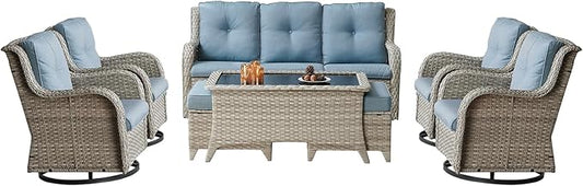 Patio Furniture Swivel Chairs Set - 8 Piece Wicker Rattan Outdoor Sectional Conversation Sets with 4 Swivel Rocking Chairs,2 Ottomans,1 Sofa and 1 Coffee Table for Porch Deck(Light Grey/Sky Blue)