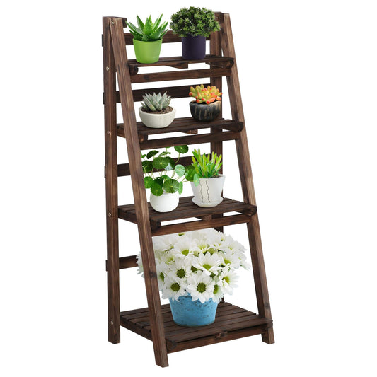 Yaheetech Wooden Foldable Ladder Shelf 4-Tier Magazine Holder Book Rack Plant Stand Folding Flower Display Pot Decorative Storage Free Standing Indoors/Outdoors Rustic No Assembly Required Brown