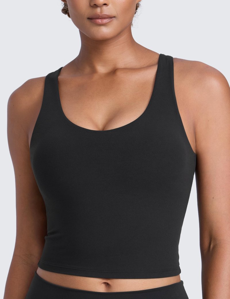 CRZ YOGA Butterlift Racerback Crop Tank Tops for Women - U Neck Yoga Padded Longline Sports Bras Pilates Workout Black Large