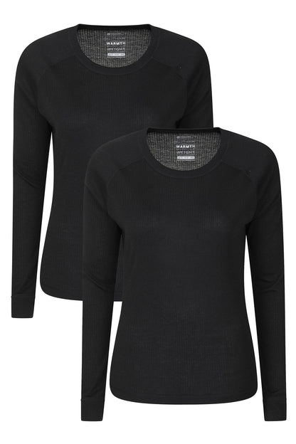 Mountain Warehouse Talus Womens Round Neck Tops - Multipack Ladies Thermal Tee, Lightweight, Quick Drying - Best for, Skiing, Snowboarding to wear as a Baselayer Black (2 Pack) Women's Size 14