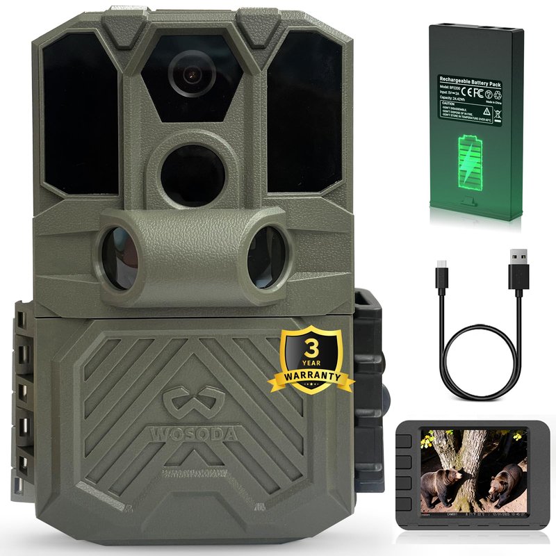 WOSODA Rechargeable Trail Camera (Non-Cellular, Non-WiFi),40MP 2K Game Cam with 2200mAh Lithium Battery,0.2s Trigger Night Vision Motion Activated,IP66 Waterproof 120° Wide Lens Wildlife Camera