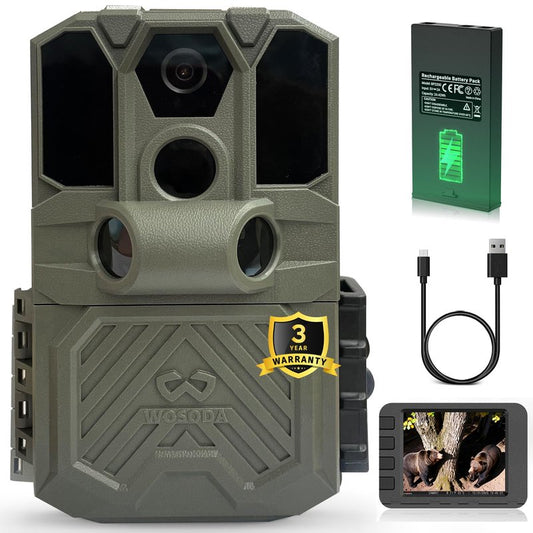 WOSODA Rechargeable Trail Camera (Non-Cellular, Non-WiFi),40MP 2K Game Cam with 2200mAh Lithium Battery,0.2s Trigger Night Vision Motion Activated,IP66 Waterproof 120° Wide Lens Wildlife Camera