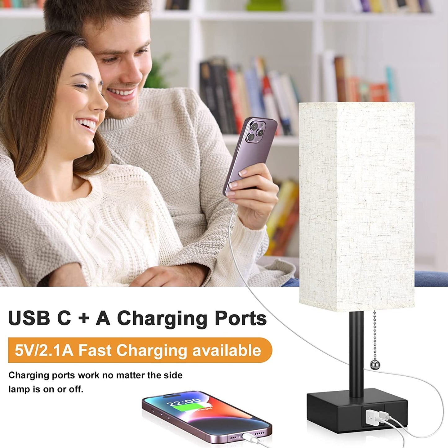 Aooshine Bedside Lamps, Table Lamp with USB C+A Charging Ports, Small Lamp with 3-Color Modes with Pull Chain, Bedroom Lamps with Beige White Fabric Shade(LED Bulb Included)