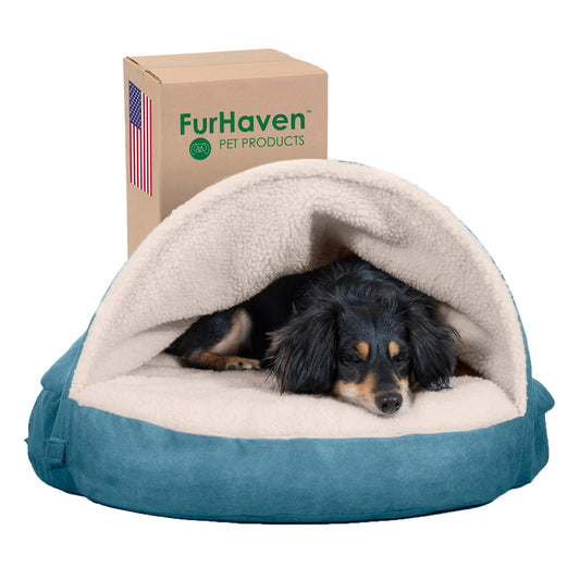 FurHaven Pet Dog Bed | Cooling Gel Memory Foam Orthopedic Round Faux Sheepskin Snuggery Pet Bed for Dogs & Cats, Blue, 26-Inch