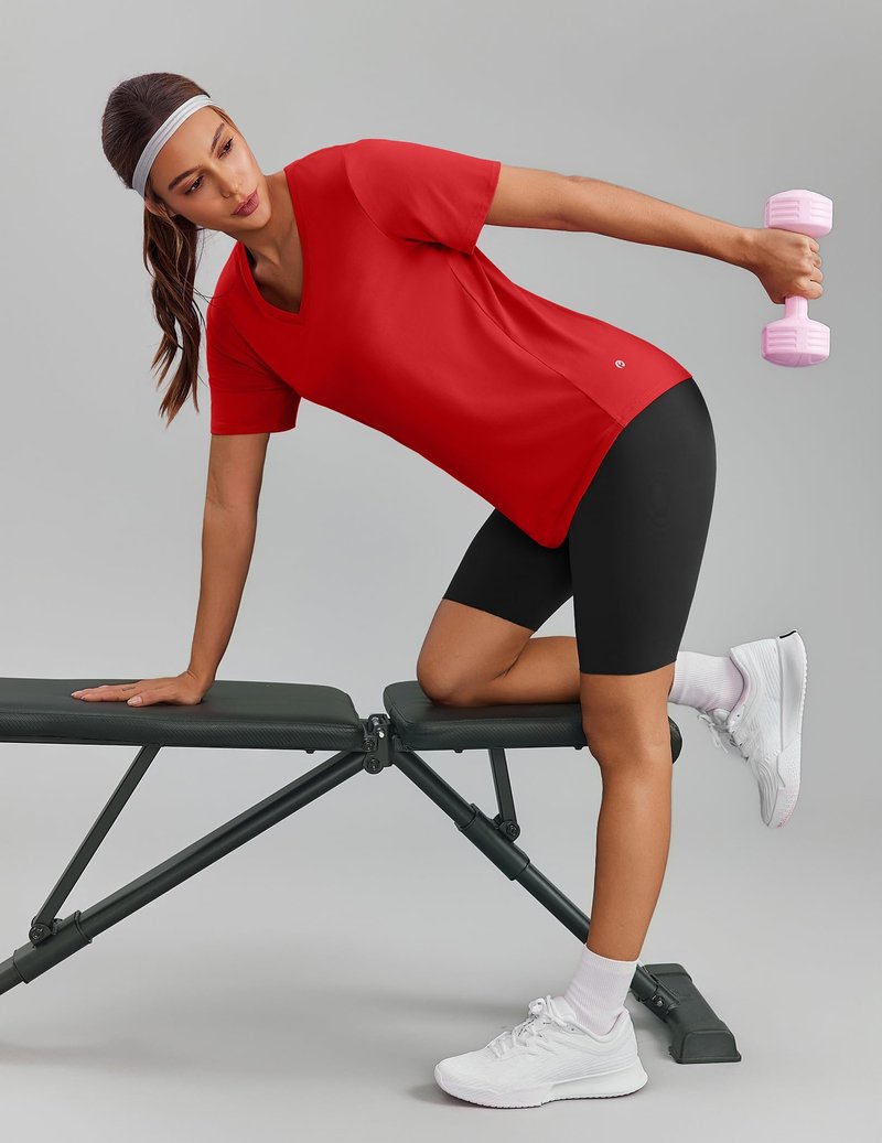 PINSPARK Gym Shirts for Women Short Sleeve V Neck Workout Tops Moisture Wicking Athletic T-Shirts Quick Dry Fitness Exercise,Red XX-Large