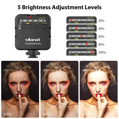 ULANZI VL49 2000mAh LED Video Light w 3 Cold Shoe, Rechargeable Soft Light Panel, Portable Photography Lighting for DJI OSMO Sony DSLR Canon Camera GoPro Vlogging